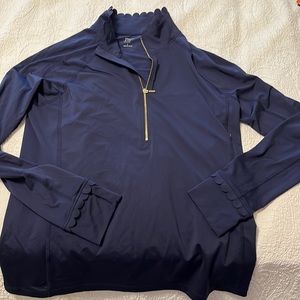 Crown&Ivy stretch pullover top navy blue scallop preppy Large L EUC